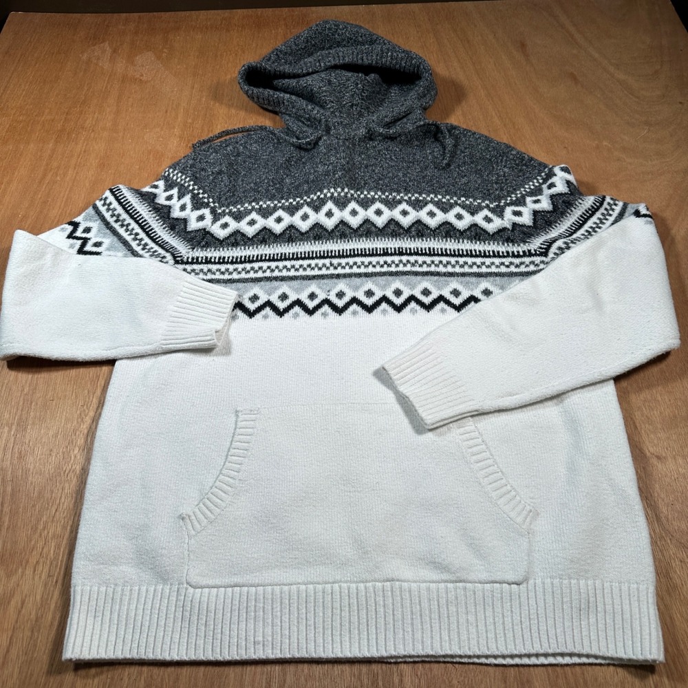 Old Navy Sweater Hoodie Women XL White Gray Fair Isle Knit Kangaroo Pocket